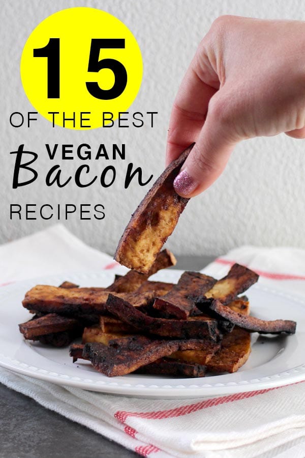 hand picking up a piece of vegan bacon from a white plate
