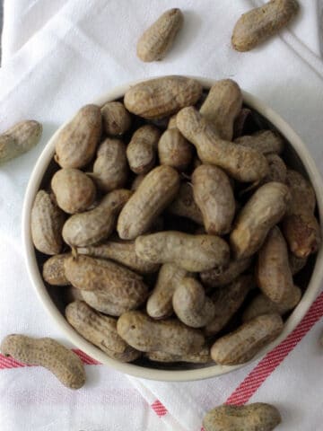 overhead photo of boiled peanuts in a bowl
