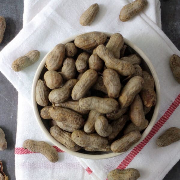 overhead photo of boiled peanuts in a bowl