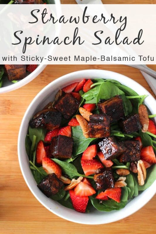 Extra firm, pressed tofu marinated and baked in Maple-Balsamic Sauce is the star of this flavorful Strawberry Spinach Salad. #sponsored