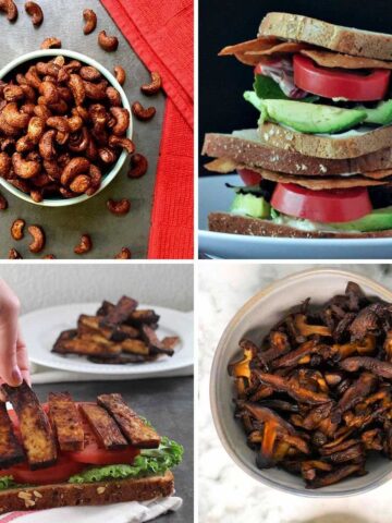 image collage showing vegan bacon bits, tofu bacon, rice paper bacon, and mushroom bacon