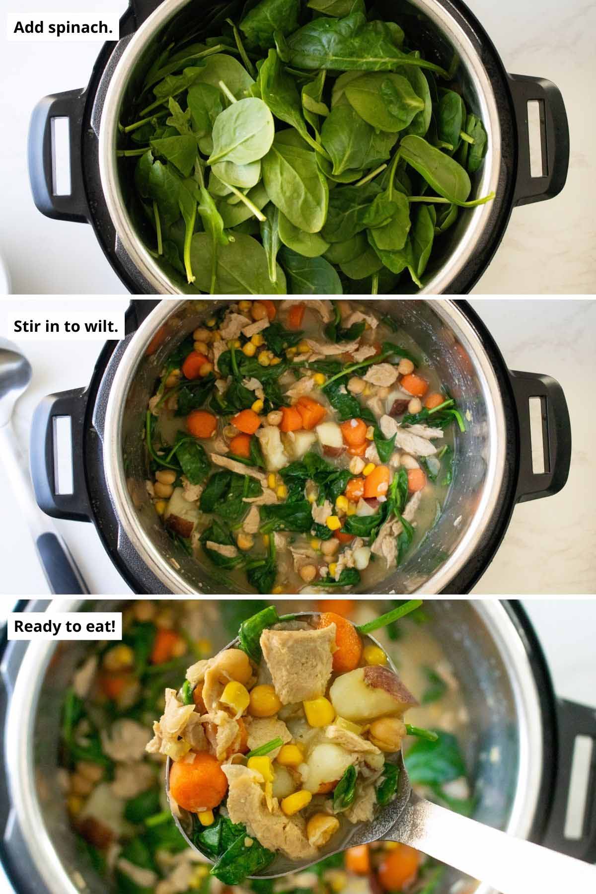 image collage showing the spinach in the Instant Pot before and after wilting and serving the vegan chicken stew with a ladle