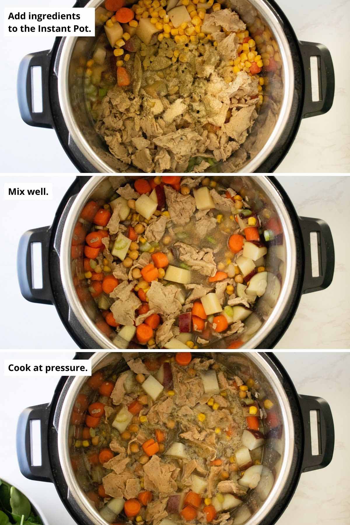 image collage showing stew ingredients in the Instant Pot before and after mixing and after cooking at pressure