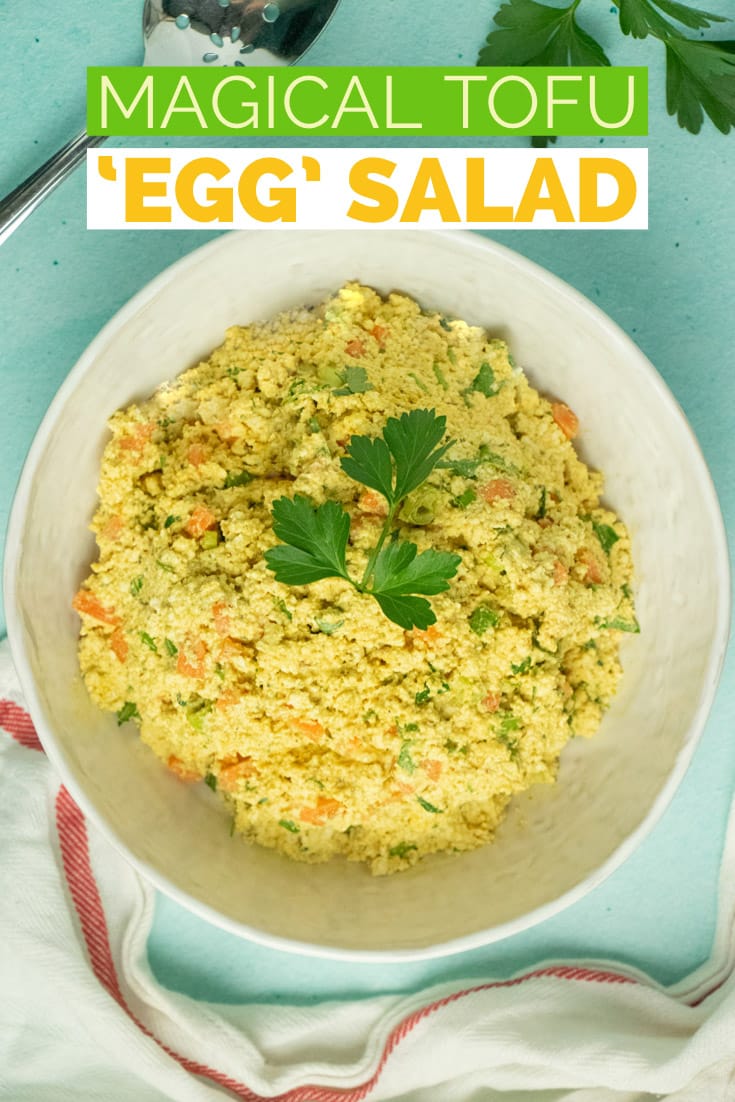 tofu egg salad in a bowl, text overlay