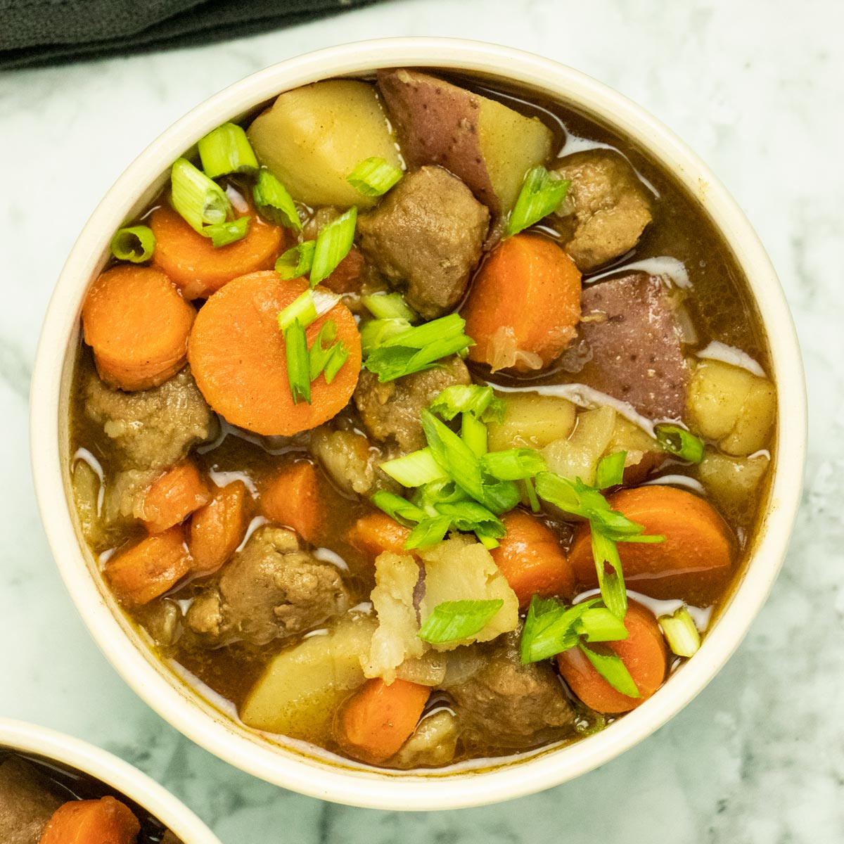 close-up of a bowl of vegan beef stew