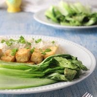 close-up of air fryer baby bok choy on a white plate with tofu and rice