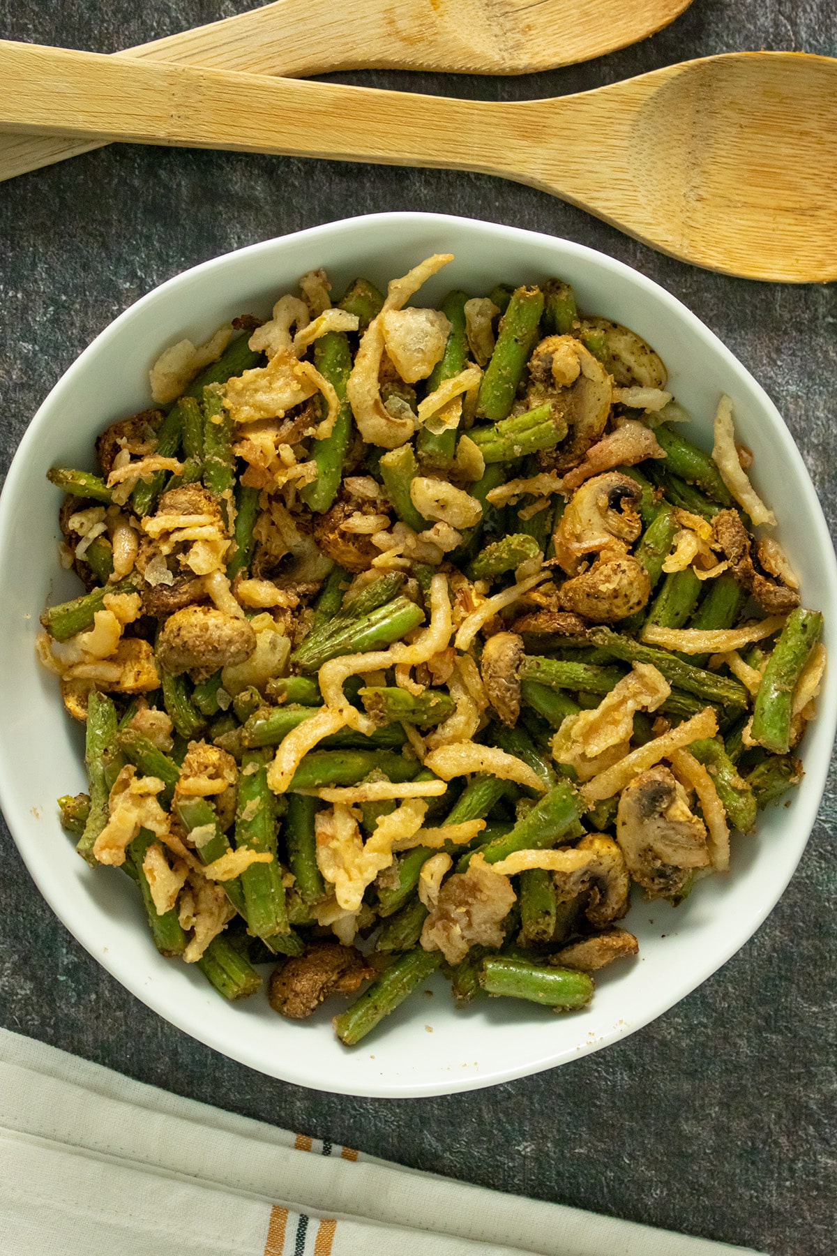 air fryer green beans casserole with French fried onions on top