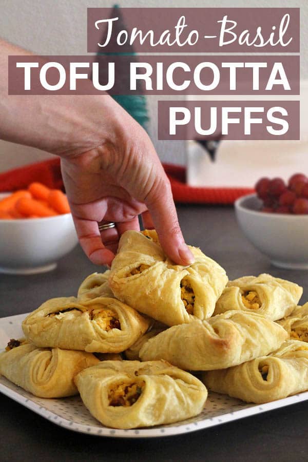 tofu ricotta puffs on a serving platter with text overlay