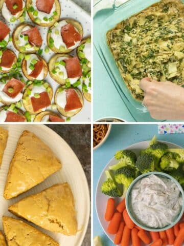 image collage of vegan potato bites, spinach dip, scones, and vegan ranch party dip