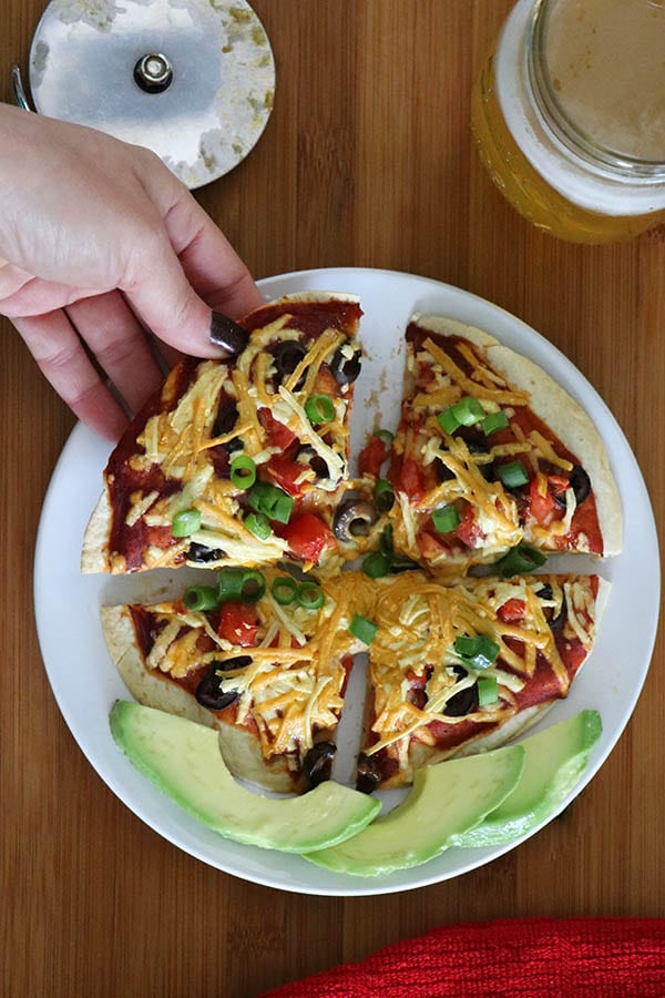 overhead photo of Mexican Pizza on a white plate