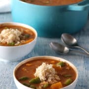bowls of vegan gumbo with rice