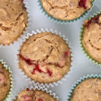close-up of a pan of vegan strawberry muffins