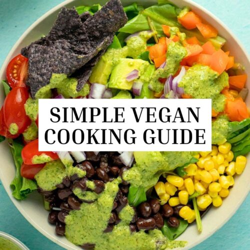 photo of a salad with a text overlay that says, "Simple Vegan Cooking Guide"