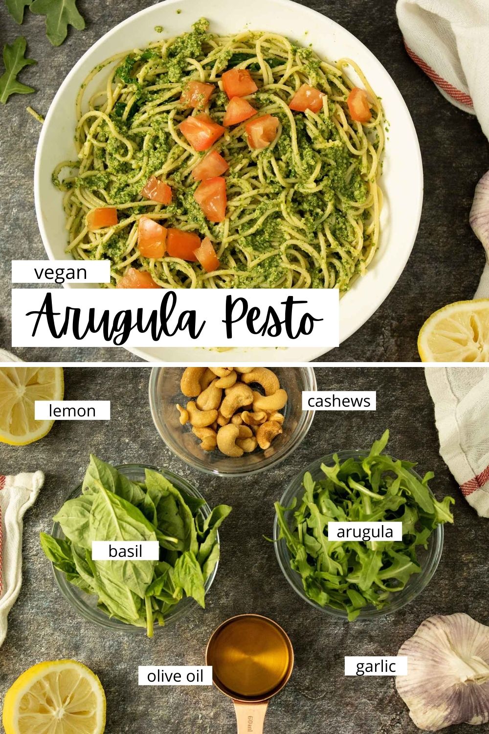 image collage of a bowl of pesto pasta and an image of the ingredients with text labels