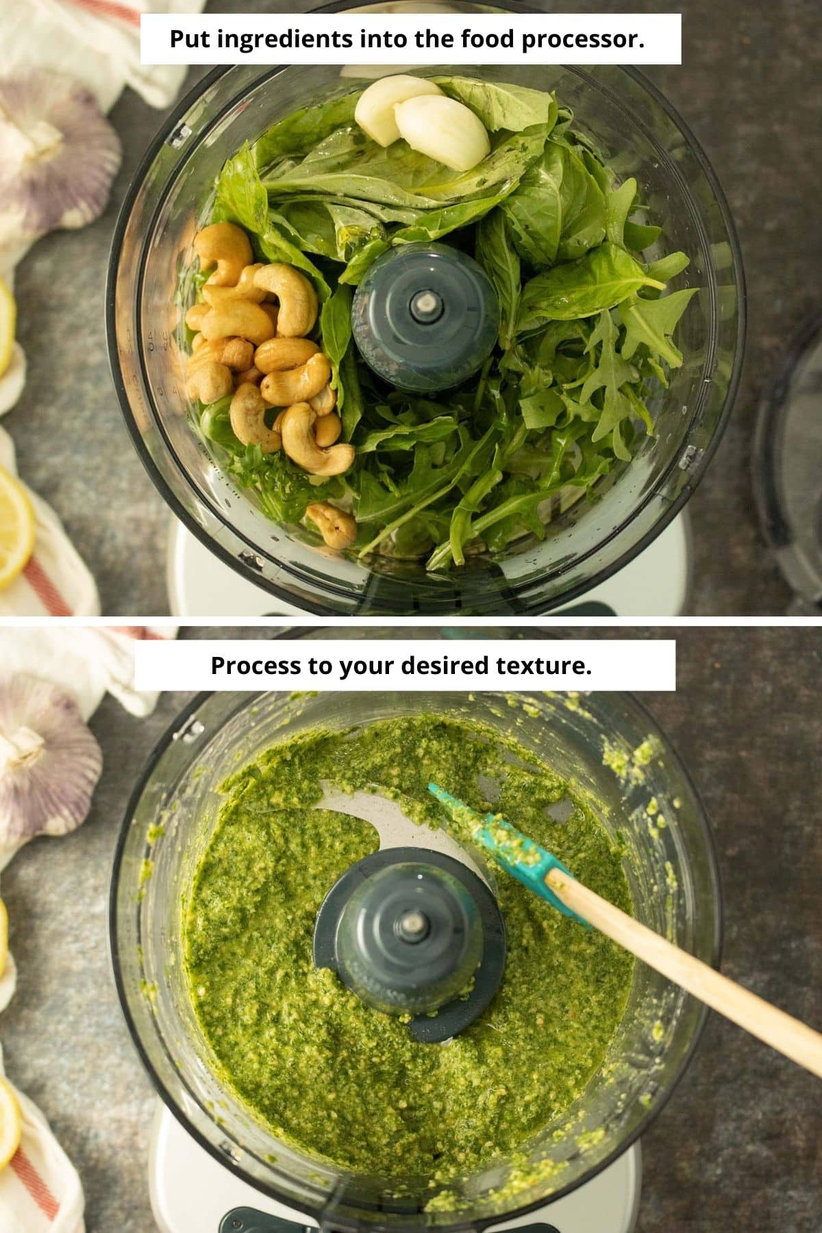 image collage showing the pesto ingredients in the food processor before and after running it