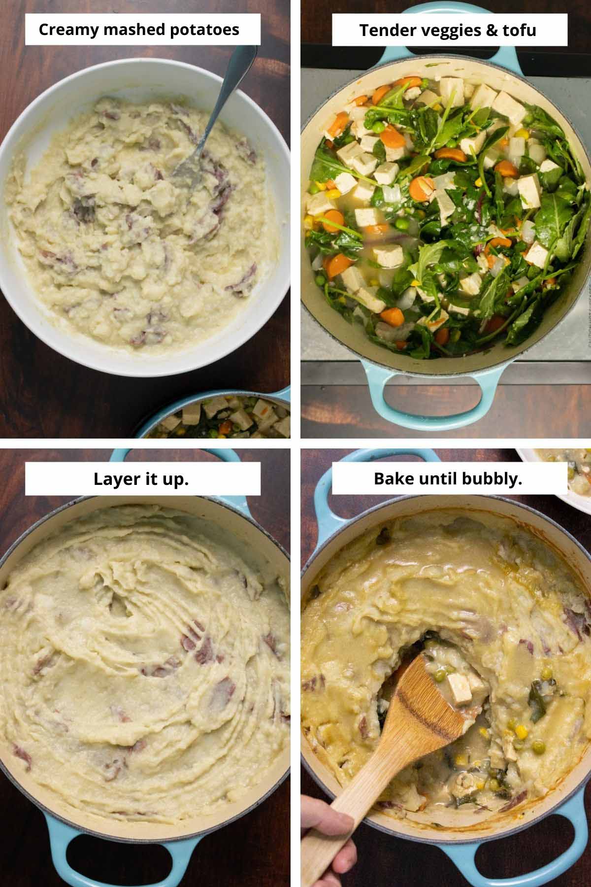 image collage showing mashed potatoes, veggie and tofu filling, tofu spread on top of the casserole, and serving the tofu shepherd's pie