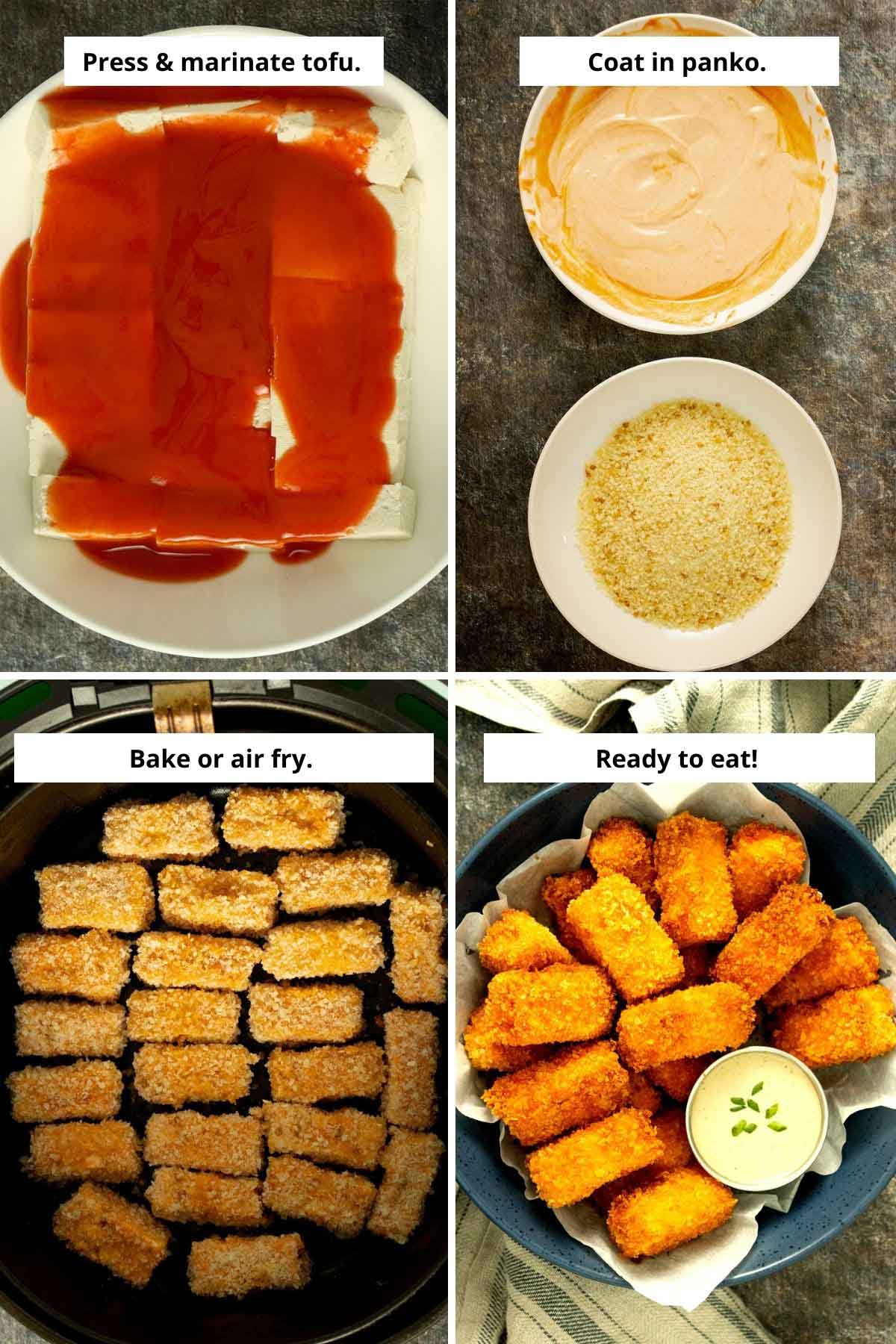 image collage showing marinating the tofu, the dredging bowls, the tofu in the air fryer, and cooked tofu in a serving bowl