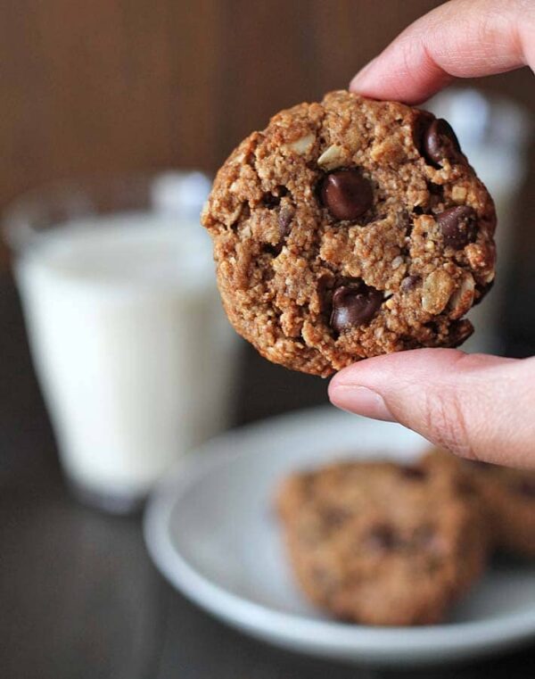 hand holding a peanut butter chocolate chip cookie. Plate of cookies and a glass of milk in the background