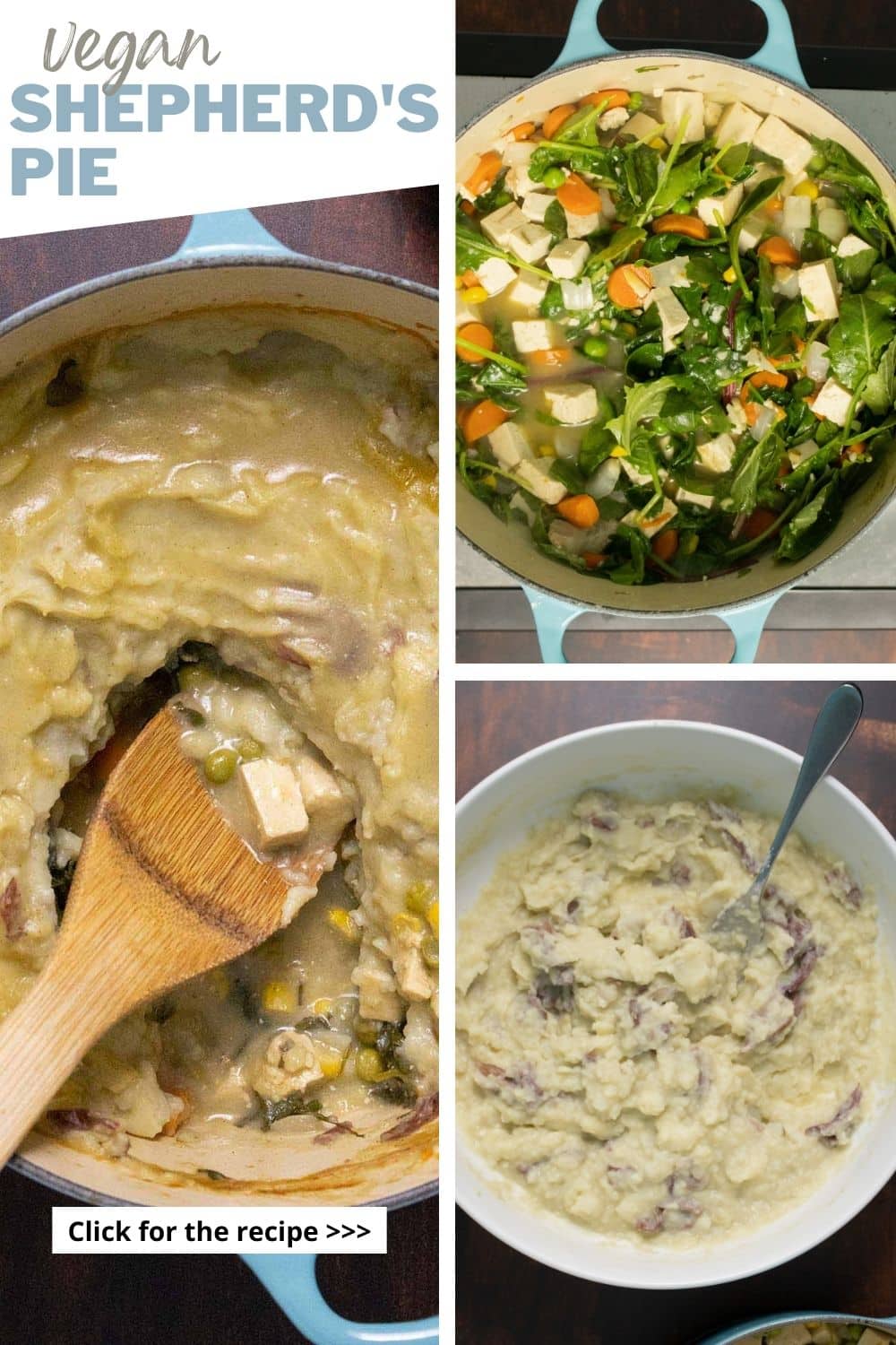 image collage showing mashed potatoes, veggie and tofu filling, and serving the tofu shepherd's pie