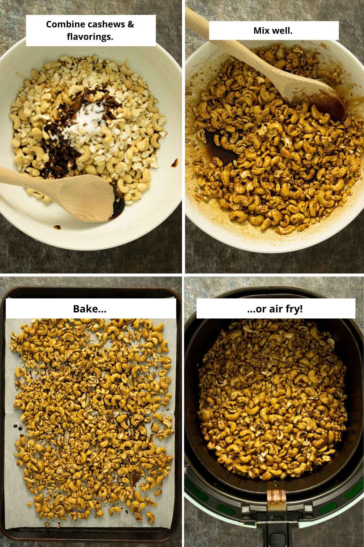 image collage showing the cashews before and after mixing the flavoring, then on a baking sheet and in an air fryer basket