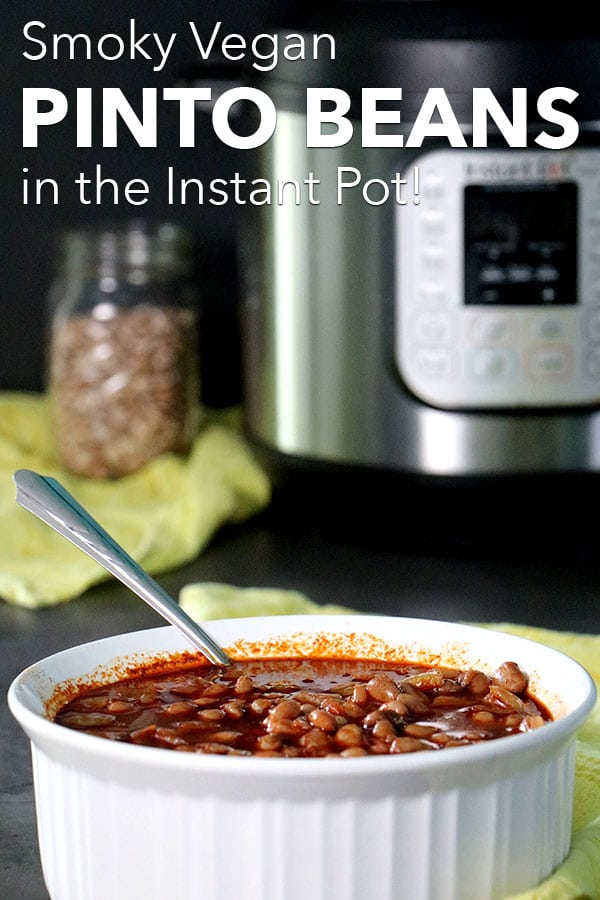 serving bowl of pinto beans with the Instant Pot in the background