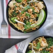 overhead photo of tofu noodles with broccoli, peanuts, and bean sprouts