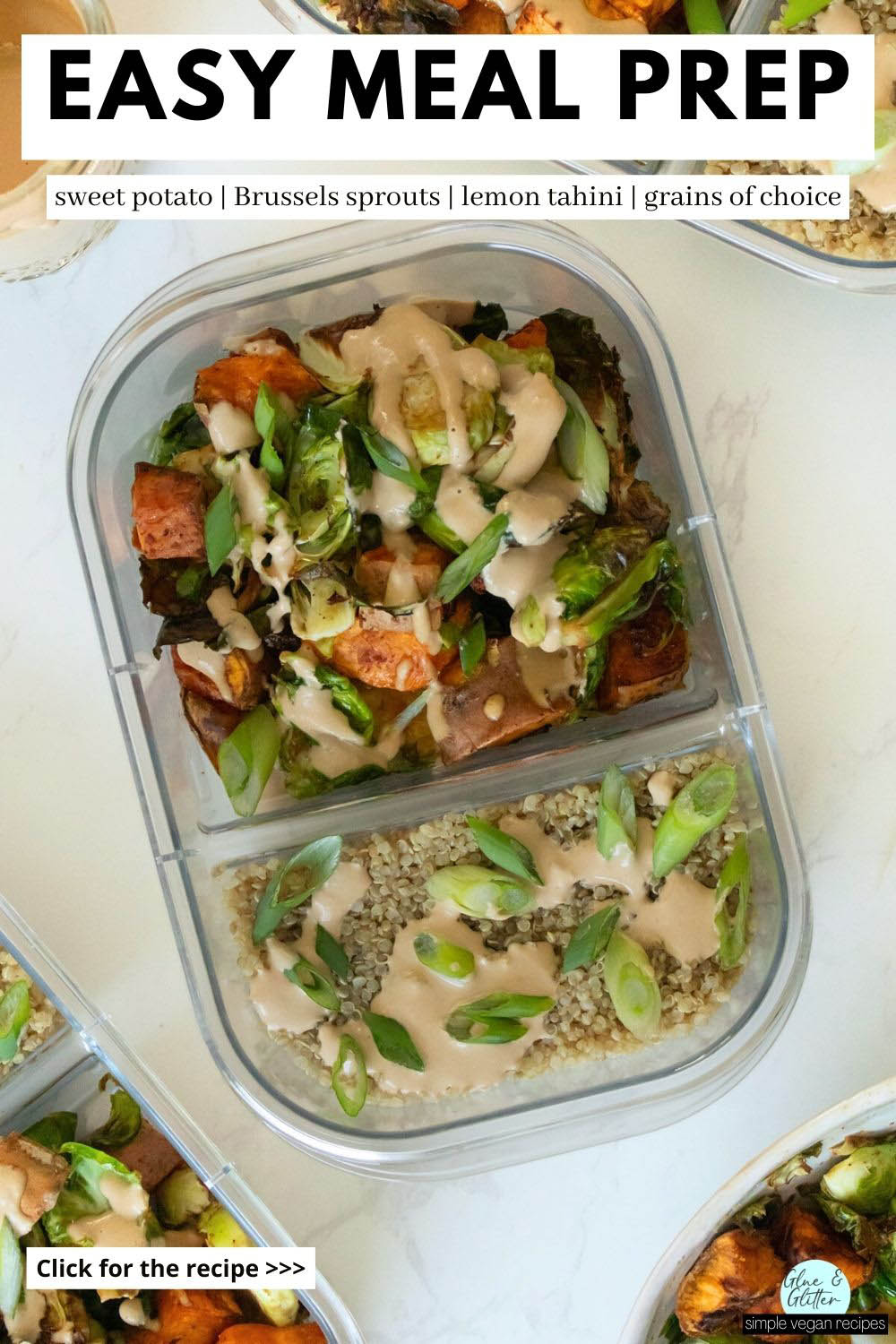 sweet potatoes and Brussels sprouts in a meal prep container with quinoa, sauce, and green onions, text overlay