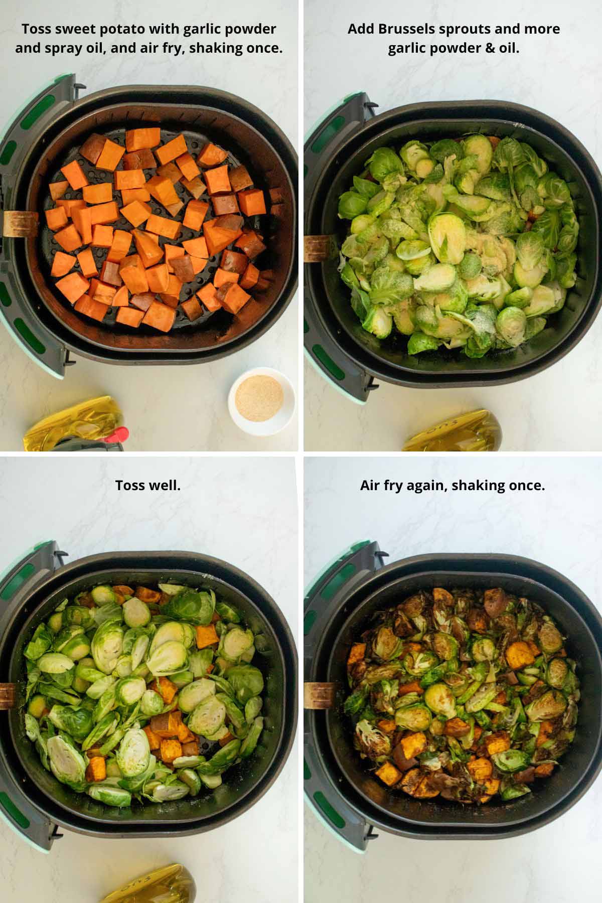 image collage showing the sweet potatoes in the air fryer, adding the Brussels sprouts to the air fryer basket, and the veggies tossed together before and after cooking