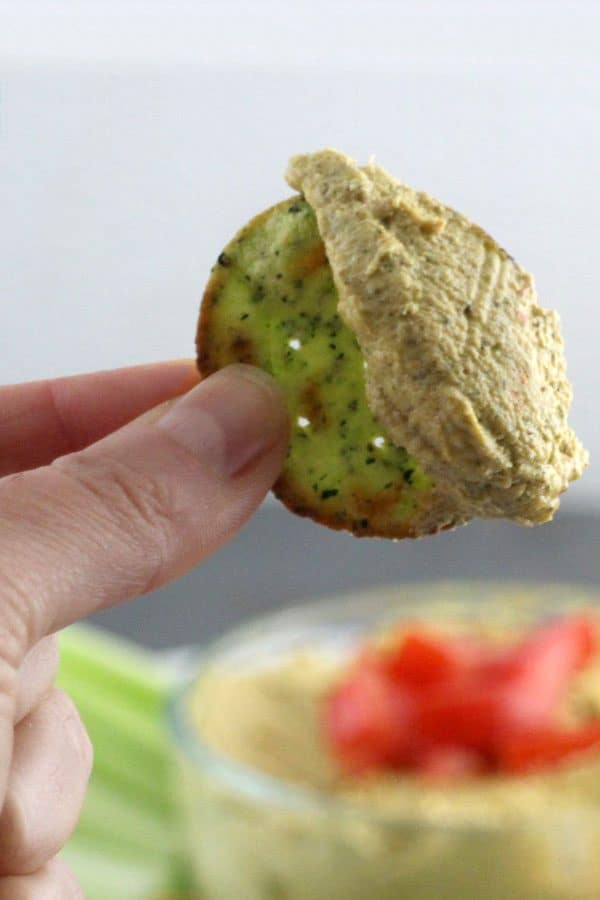 close-up of sunflower seed dip on a cracker