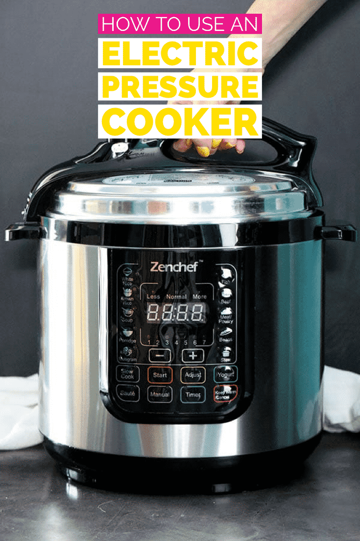 hand opening an electric pressure cooker, text overlay