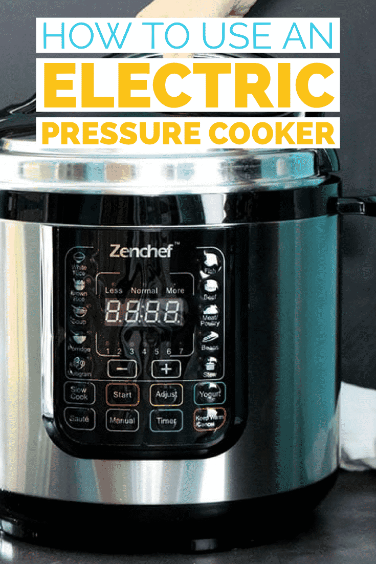 close-up of an electric pressure cooker, text overlay