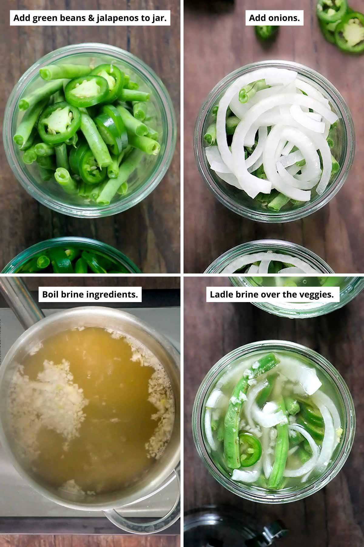 image collage showing the green beans and jalapeños in the jar, adding onions to the jar, the brine in the pan, and the jar of green beans with the brine poured over them