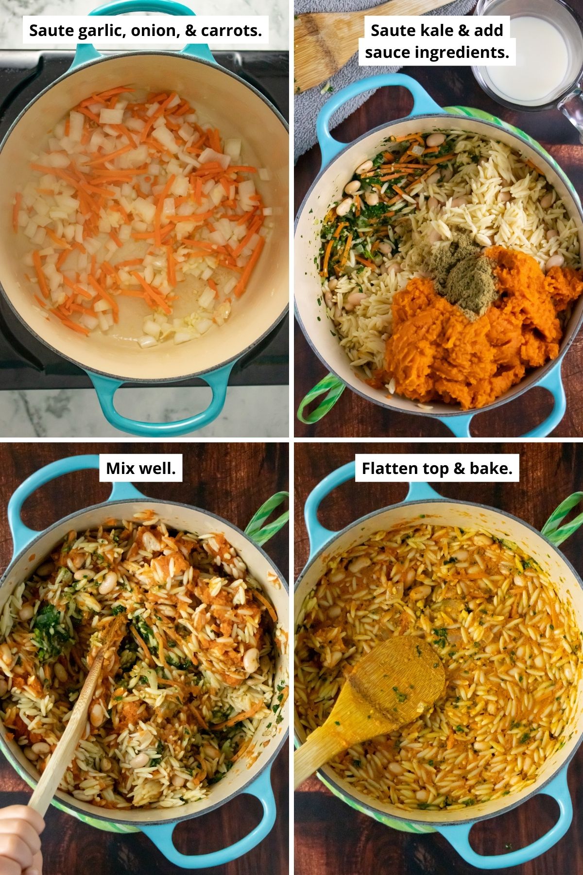 image collage showing cooked aromatics, the pan with ingredients added before, during, and after mixing