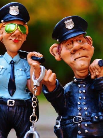 2 toy police dolls on a country road