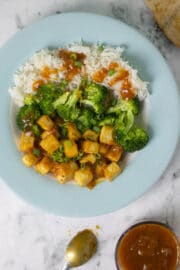 overhead photo of General Tso's Tofu on a blue plate with rice and broccoli