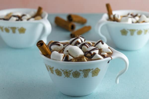 a mug of vegan hot cocoa with marshmallows