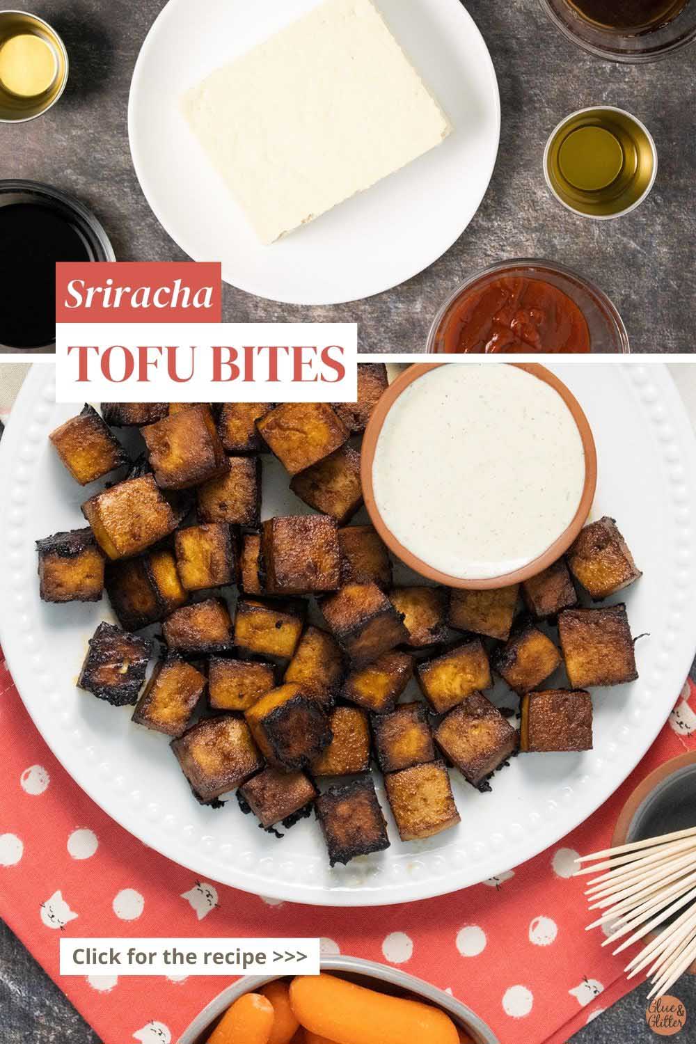 image collage of tofu with sauces and the sriracha tofu bites on a white plate with ranch to dip