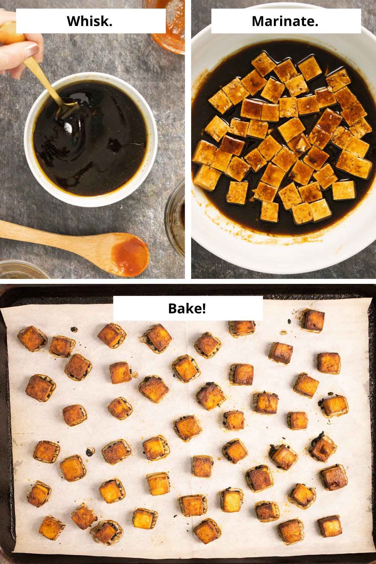 image collage showing whisking the tofu, marinating, and the baked tofu bites on the baking sheet