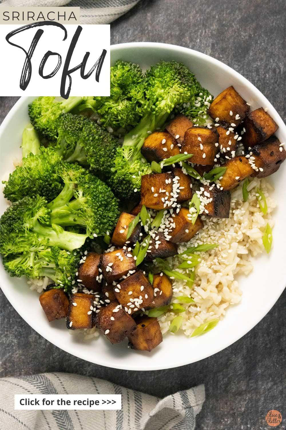 sriracha tofu with rice and broccoli in a white bowl