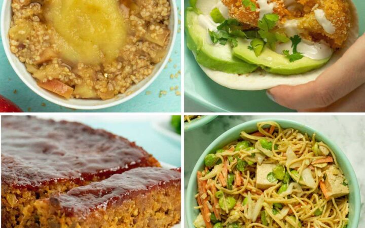 image collage of cheap vegan meals: steel cut oats, cauliflower tacos, lentil loaf, and noodles