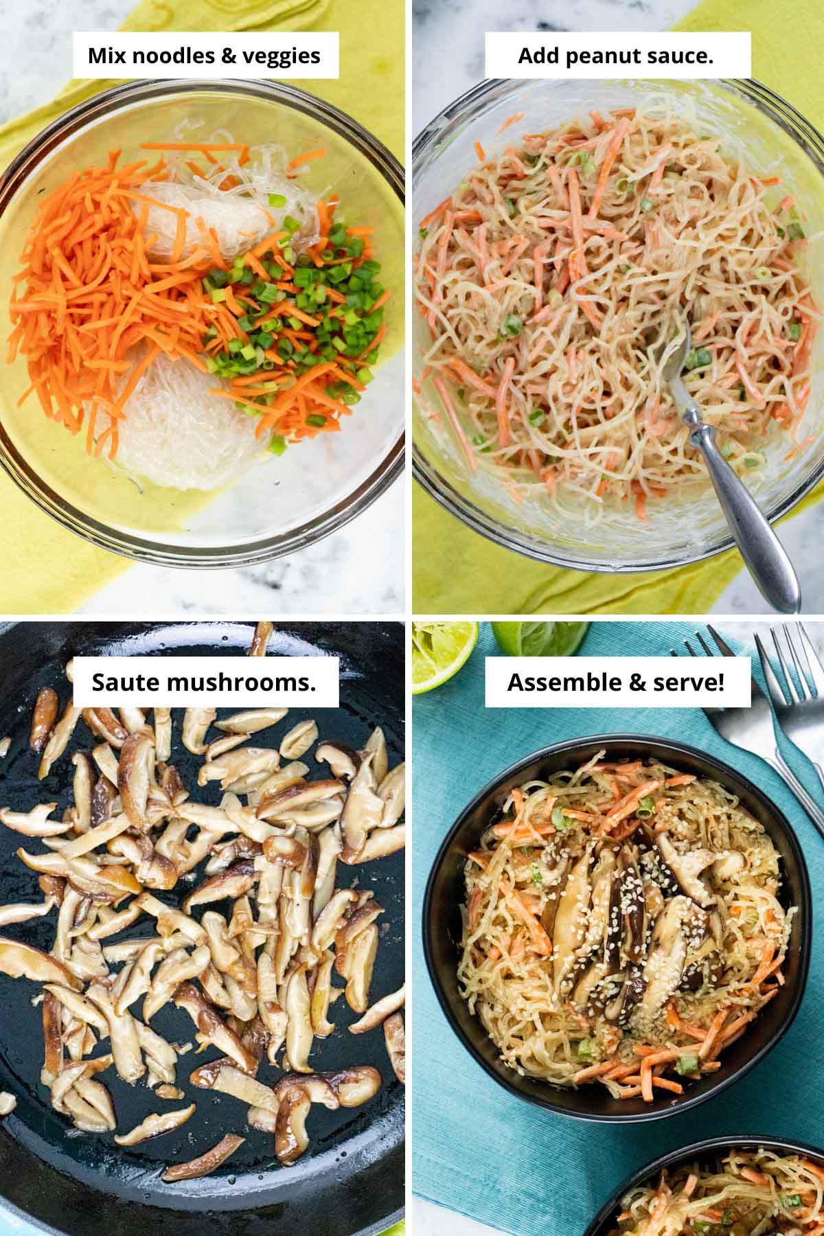 image collage showing the kelp noodles and veggies in a bowl, after mixing in the peanut sauce, the mushrooms in the pan, and the fully assembled kelp noodle salad in a bowl