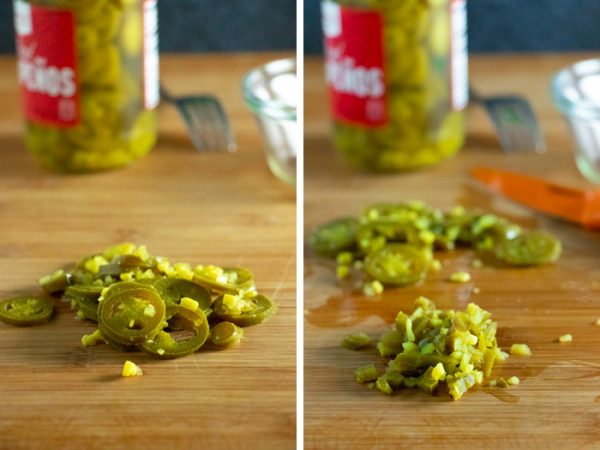 image collage of pickled jalapenos on a cutting board, before and after mincing