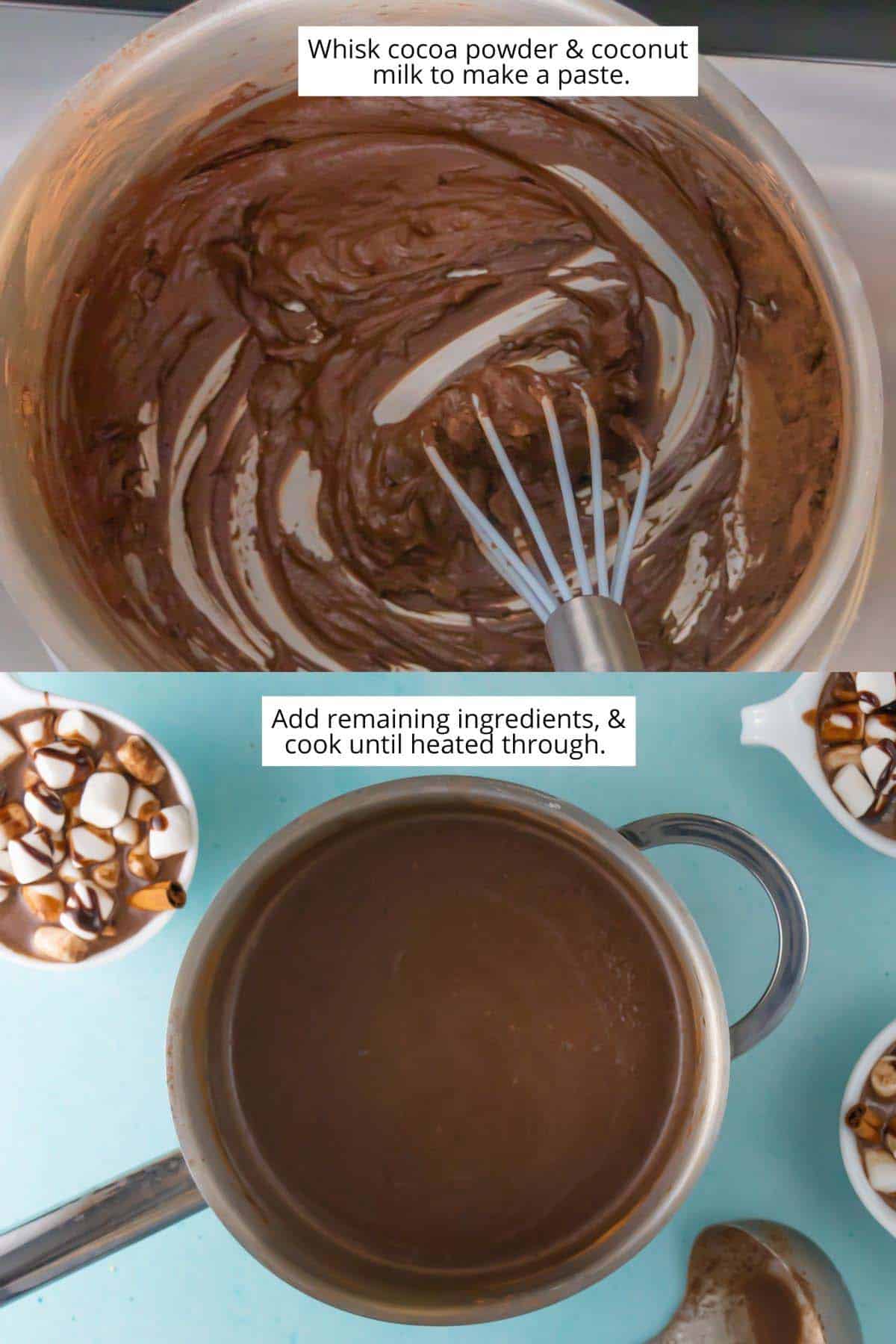 image collage showing making the cocoa-water pasta and serving the finished cocoa into mugs
