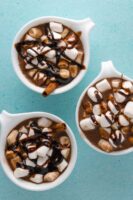 vegan hot chocolate in mugs with a cinnamon stick, marshmallows, and chocolate syrup