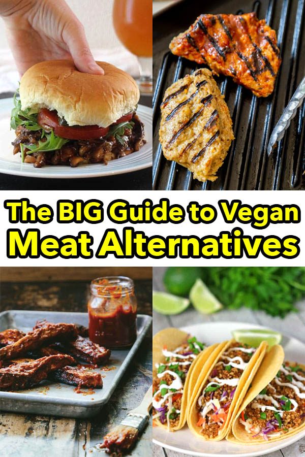 image collage of vegan meat alternatives: BBQ sandwich, seitan chicken, vegan ribs, and taco meat