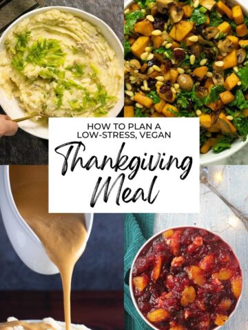 image collage of vegan Thanksgiving foods with a text overlay