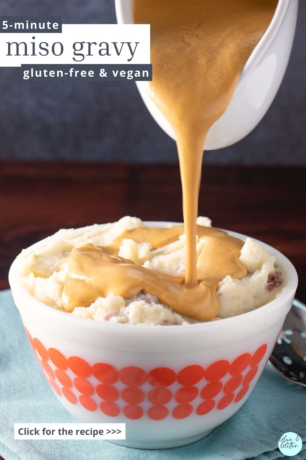 pouring miso gravy over cauliflower mashed potatoes, text overlay