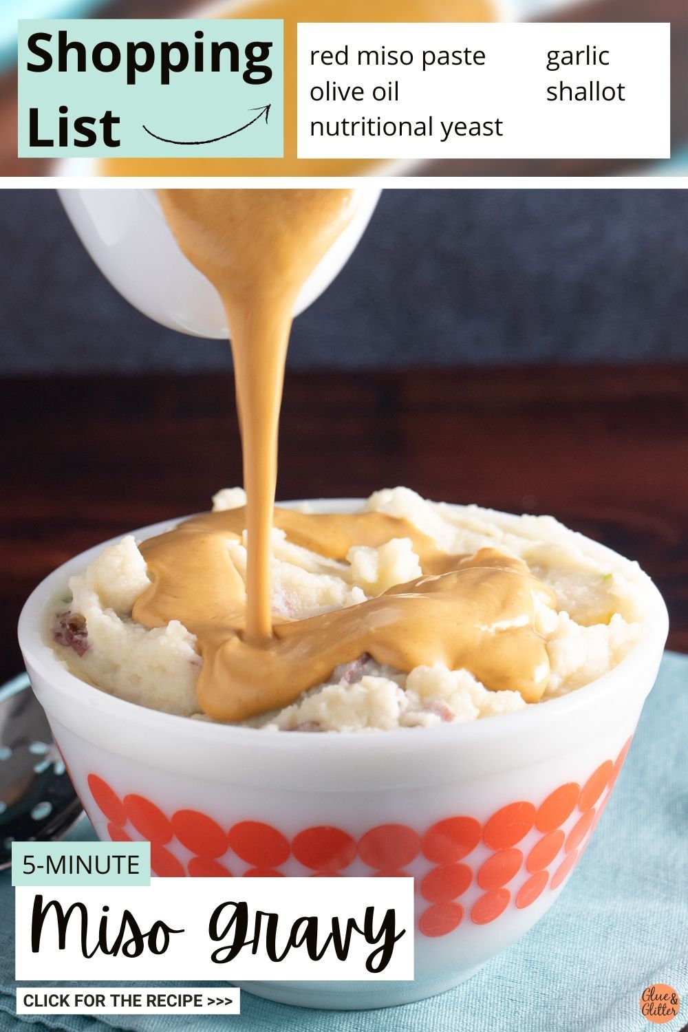 image collage of pouring miso gravy over cauliflower mashed potatoes and a list of the ingredients labeled "Shopping List"