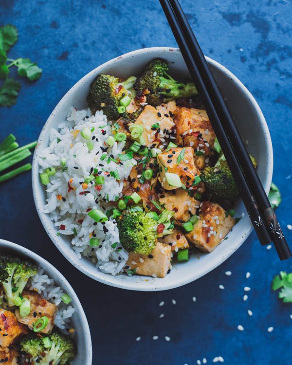 broccoli, rice, and tofu bowl