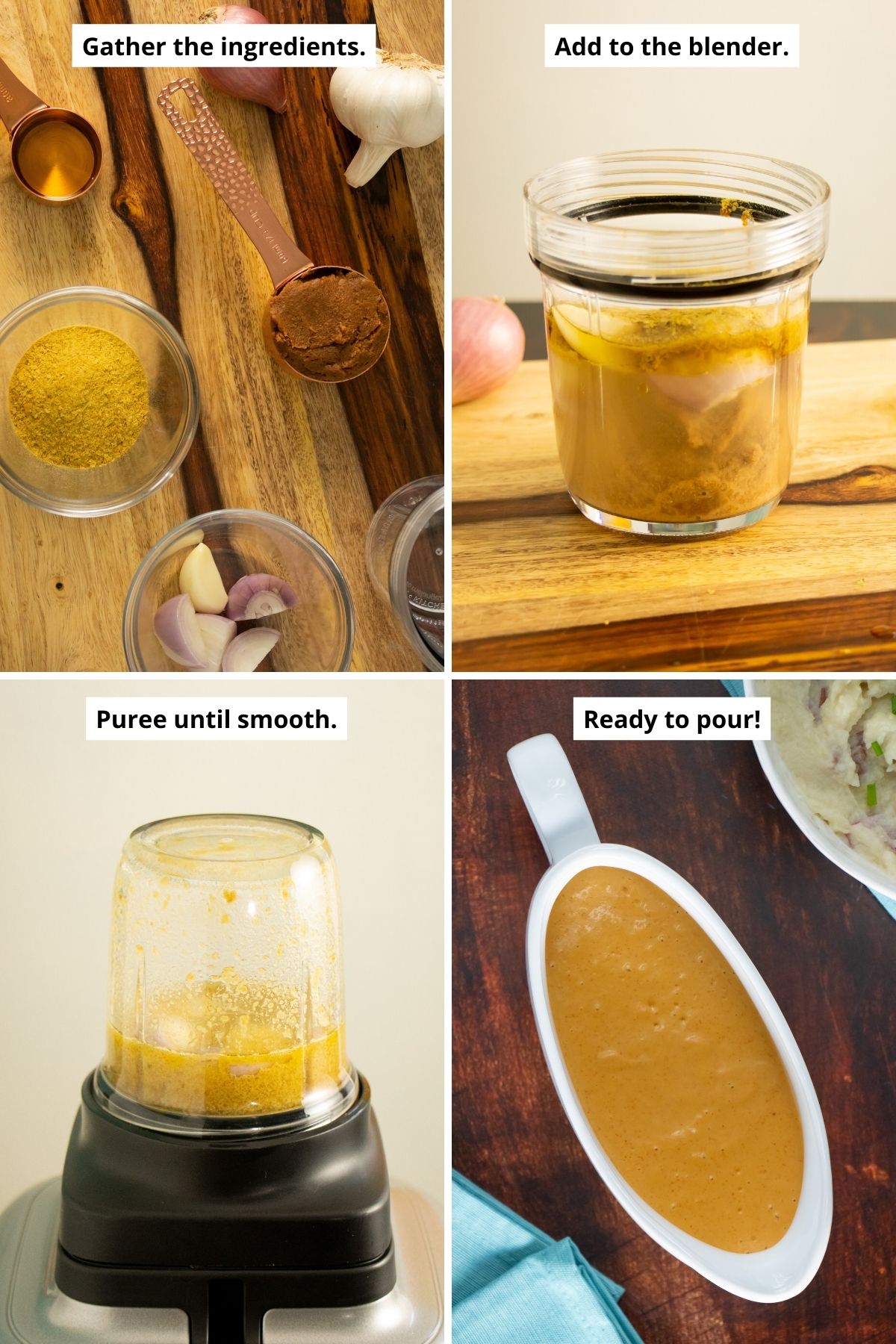 image collage showing miso, nutritional yeast, and other gravy ingredients on a wooden table, in the blender, and then the blended gravy in a gravy boat